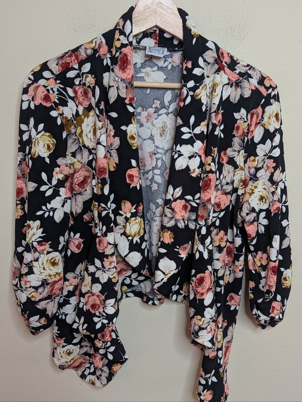 Vamp Black Floral Waterfall Open Front Cardigan 1X